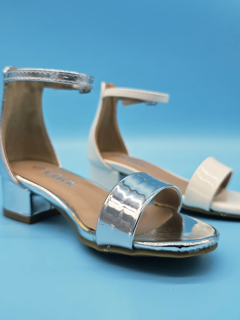 Lina Girls Two-Tone Ankle-Strap Dress Sandals in White and Silver